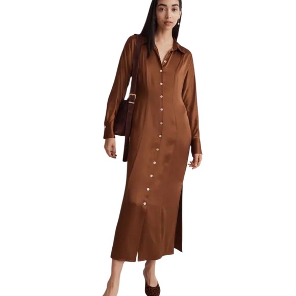 Madewell Dresses & Skirts - Madewell Shirt Dress Women 6 Brown Excellent Satin Maxi Long Sleeve Button Front